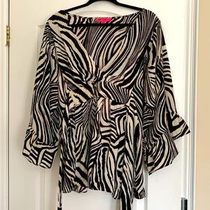 Betsey Johnson Black white zebra with specs of pink/yellow blouse.